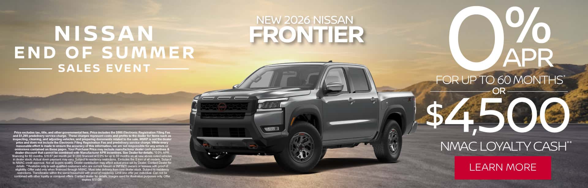 New 2026 Nissan Frontier 0% APR for up to 60 months* OR $4,500 NMAC Loyalty Cash**
