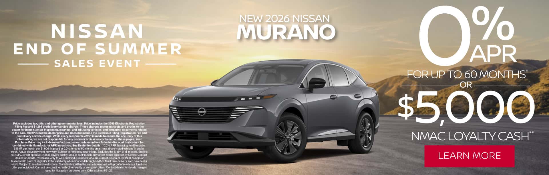 New 2026 Nissan Murano 0% APR for up to 60 months* OR $5,000 NMAC Loyalty Cash**