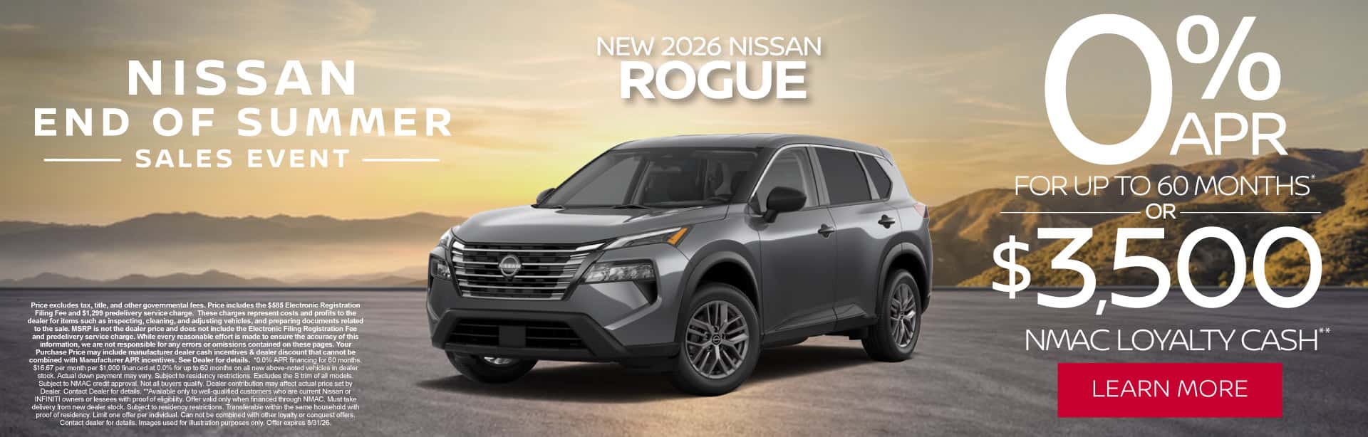 New 2026 Nissan Rogue 0% APR for up to 60 months* OR $3,500 NMAC Loyalty Cash**