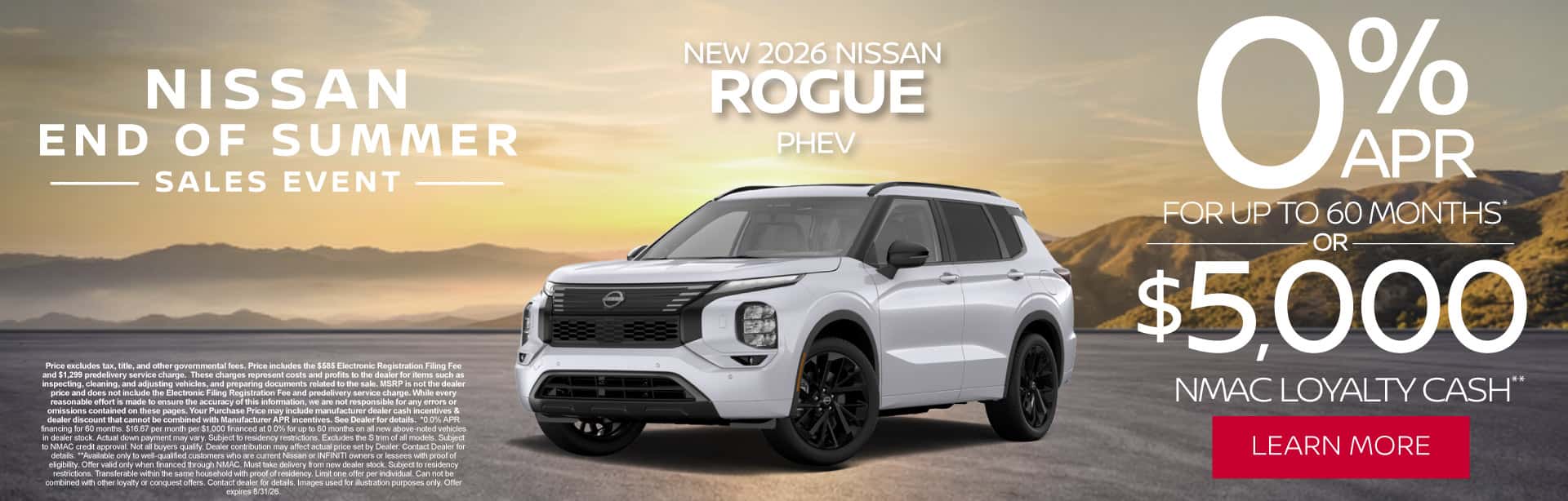 New 2026 Nissan Rogue PHEV 0% APR for up to 60 months* OR $5,000 NMAC Loyalty Cash**
