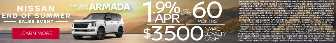 New 2026 Nissan Armada 1.9% APR for up to 60 Months* OR $3,500 NMAC Loyalty Cash**