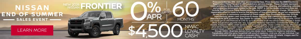 New 2026 Nissan Frontier 0% APR for up to 60 months* OR $4,500 NMAC Loyalty Cash**