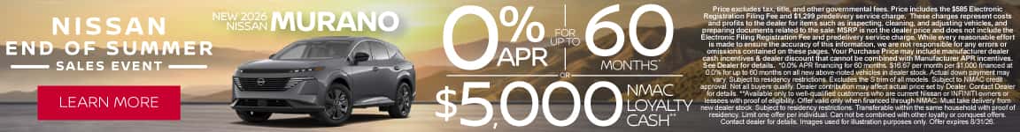 New 2026 Nissan Murano 0% APR for up to 60 months* OR $5,000 NMAC Loyalty Cash**