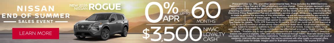New 2026 Nissan Rogue 0% APR for up to 60 months* OR $3,500 NMAC Loyalty Cash**
