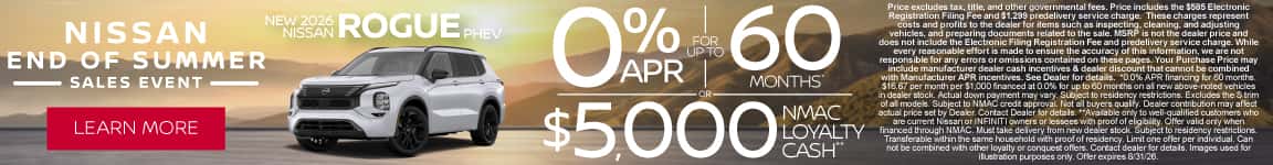 New 2026 Nissan Rogue PHEV 0% APR for up to 60 months* OR $5,000 NMAC Loyalty Cash**
