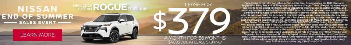 New 2026 Nissan Rogue Platinum Lease for $379/mo for 36 months with $4,883 due at signing*