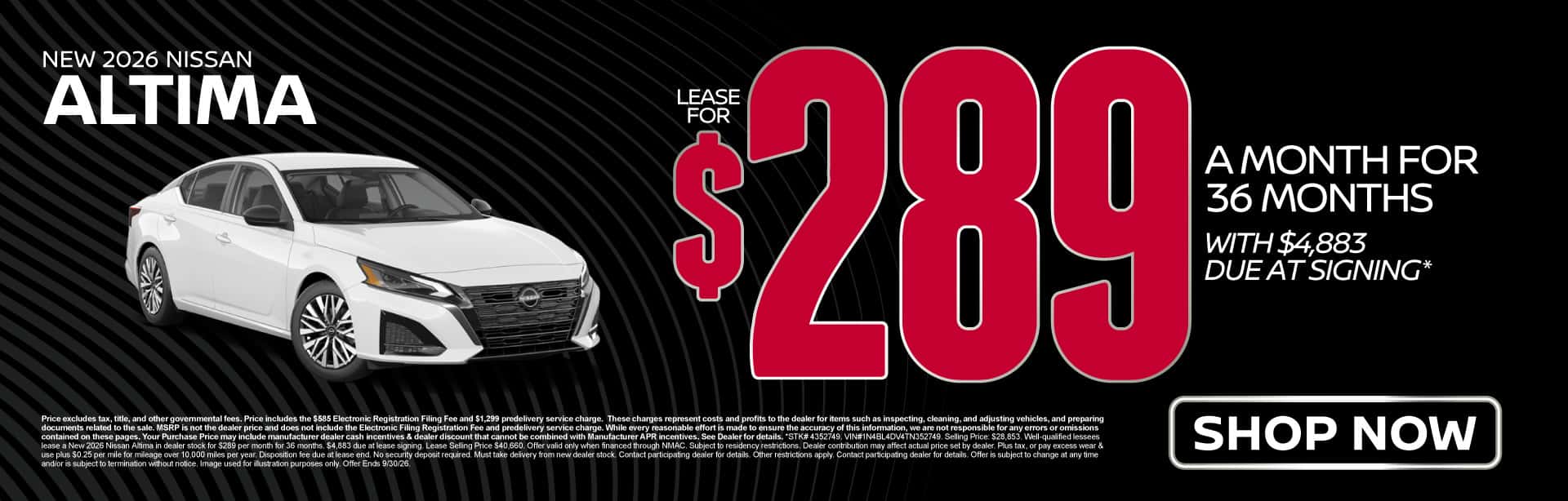 2026 Nissan Altima Lease for $289/mo for 36 months with $4,883 due at signing*