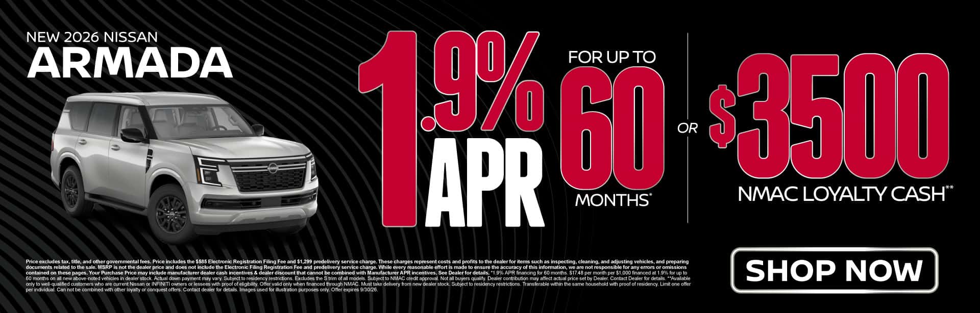 New 2026 Nissan Armada 1.9% APR for up to 60 Months* OR $3,500 NMAC Loyalty Cash**