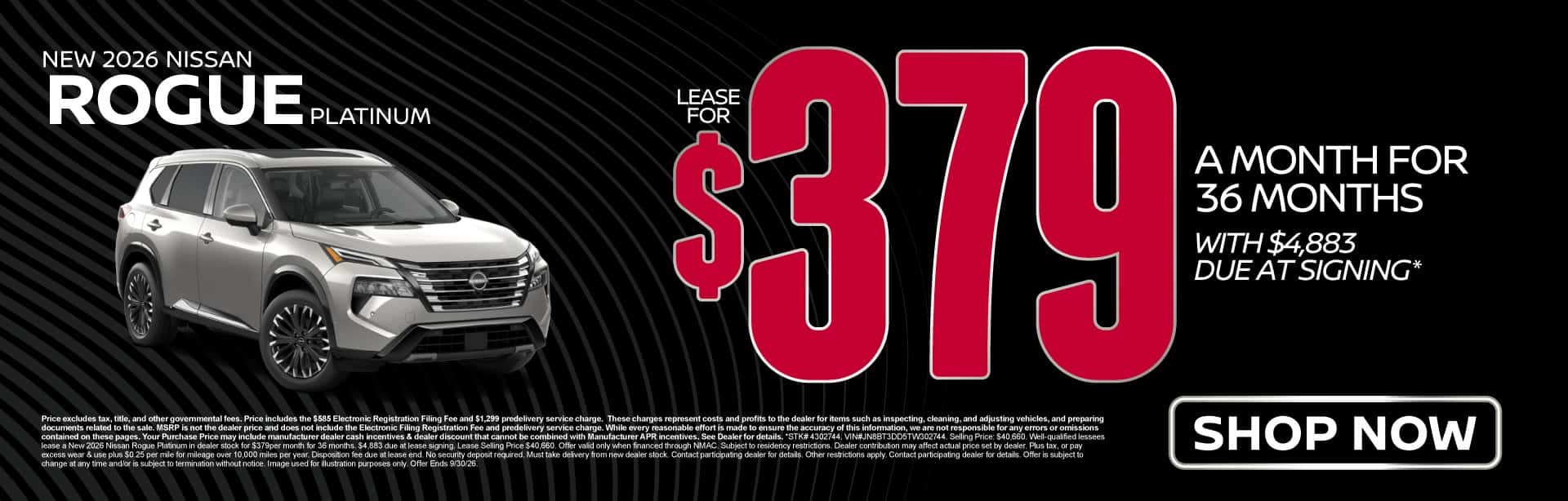 New 2026 Nissan Rogue Platinum Lease for $379/mo for 36 months with $4,883 due at signing*