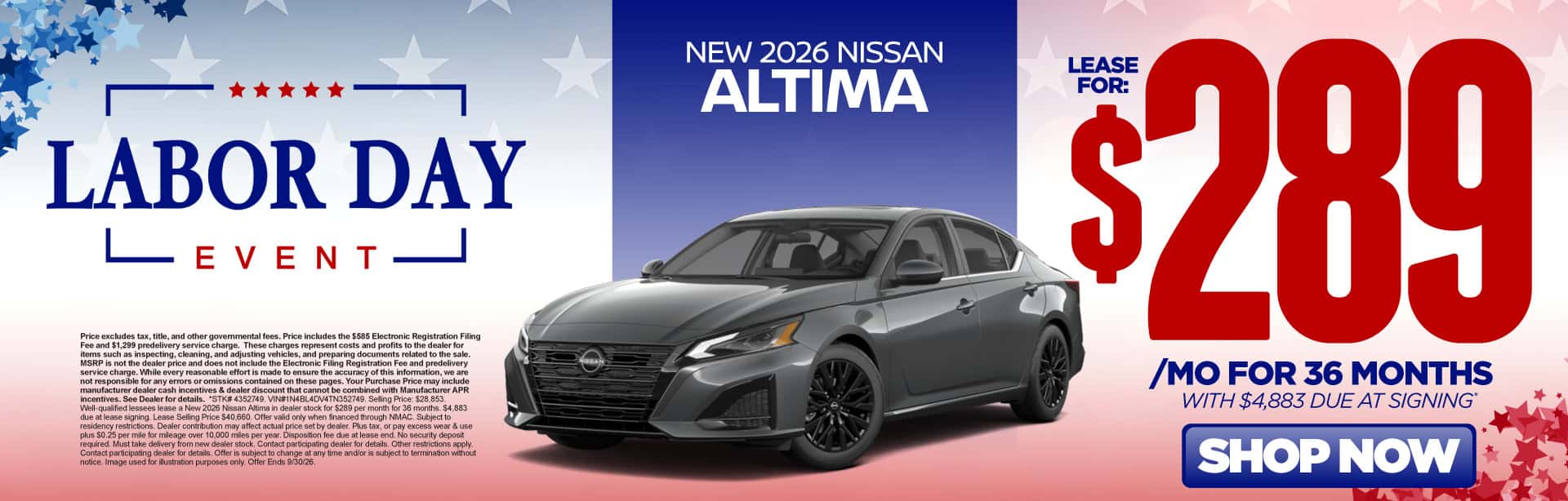 2026 Nissan Altima Lease for $289/mo for 36 months with $4,883 due at signing*