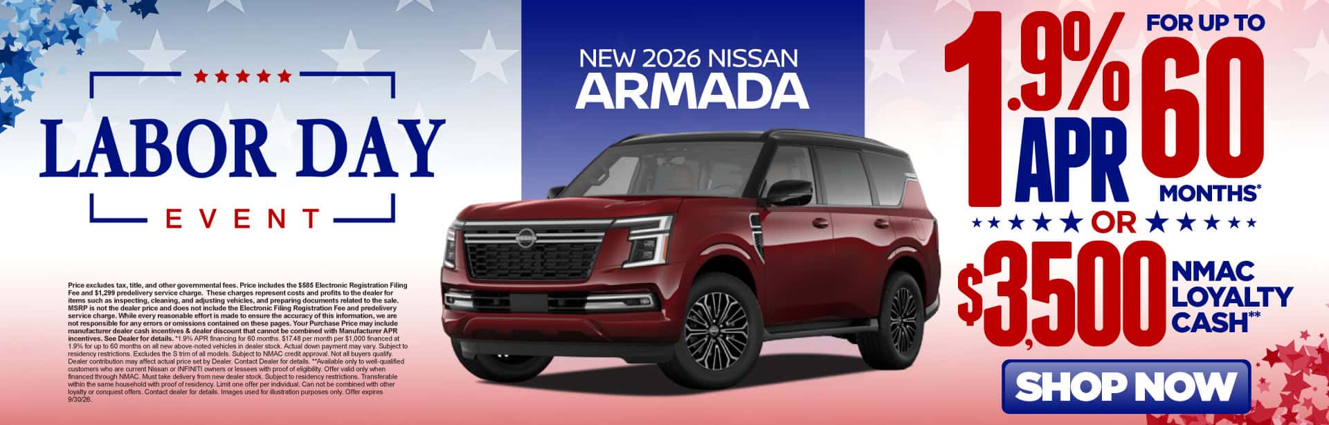 New 2026 Nissan Armada 1.9% APR for up to 60 Months* OR $3,500 NMAC Loyalty Cash**