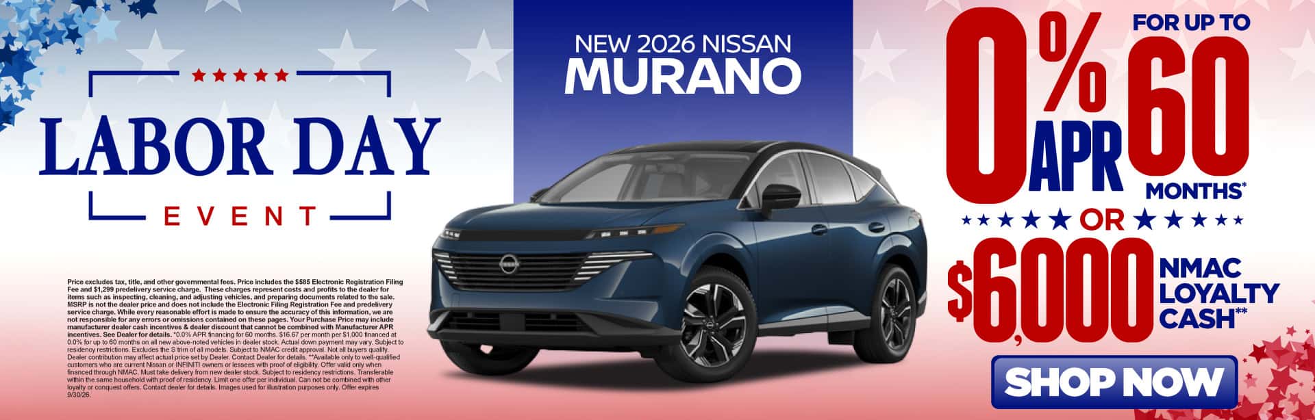New 2026 Nissan Murano 0% APR for up to 60 months* OR $6,000 NMAC Loyalty Cash**