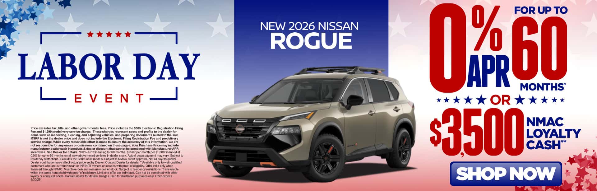 New 2026 Nissan Rogue 0% APR for up to 60 months* OR $3,500 NMAC Loyalty Cash**
