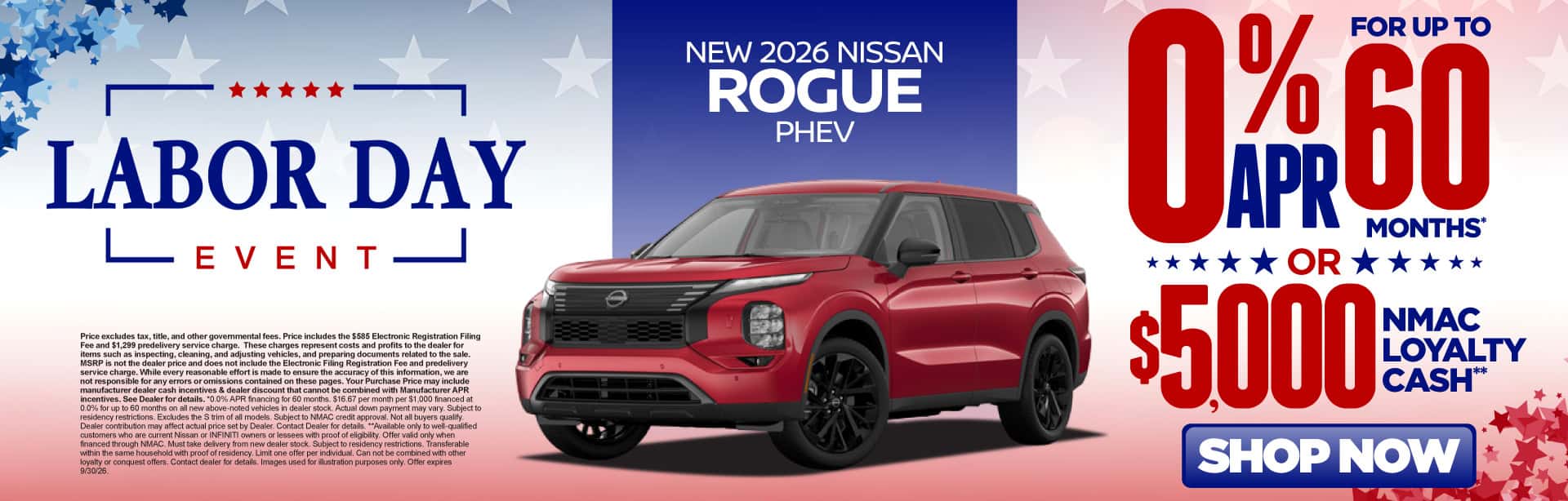 New 2026 Nissan Rogue PHEV 0% APR for up to 60 months* OR $5,000 NMAC Loyalty Cash**