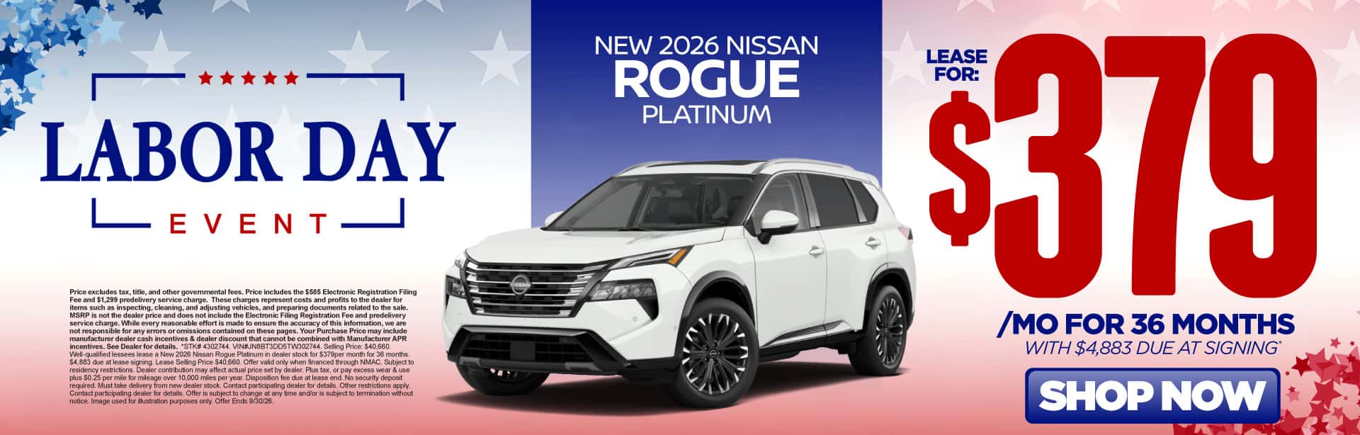 New 2026 Nissan Rogue Platinum Lease for $379/mo for 36 months with $4,883 due at signing*