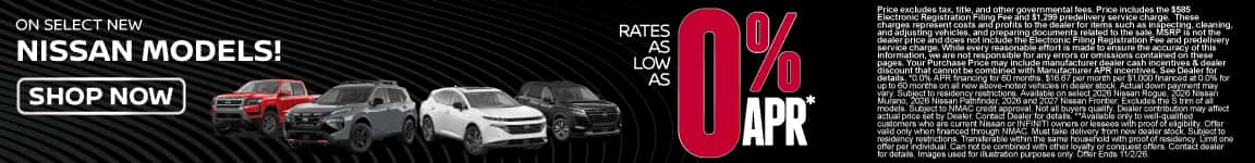 Rates as low as 0% APR!* On Select New Nissan Models!