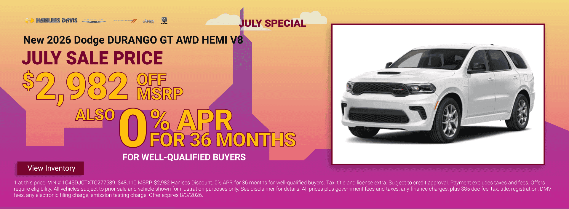 New 2026 Dodge DURANGO GT AWD HEMI V8 Special