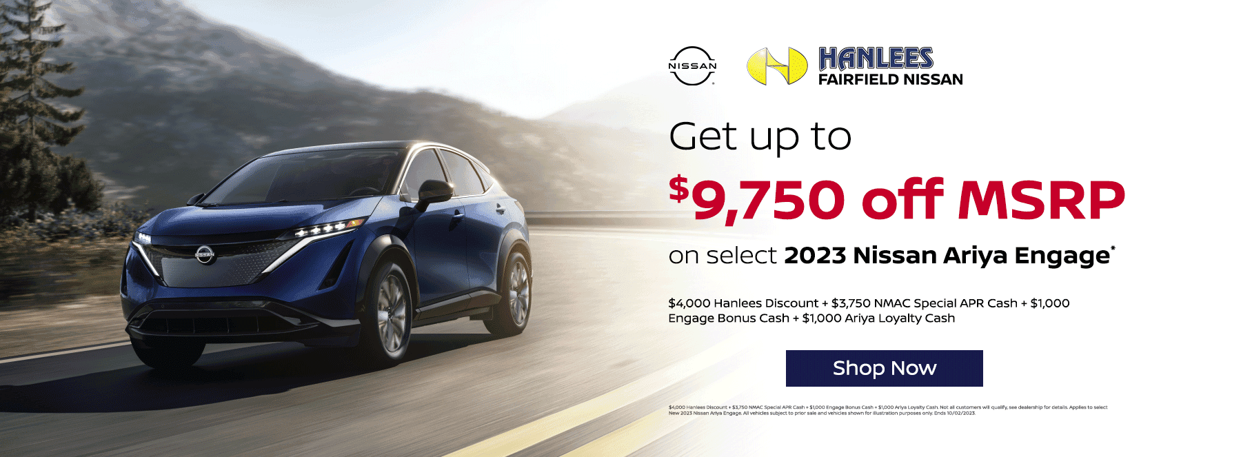 Save up to $9,750 off MSRP on select New 2023 Nissan Ariya Engage