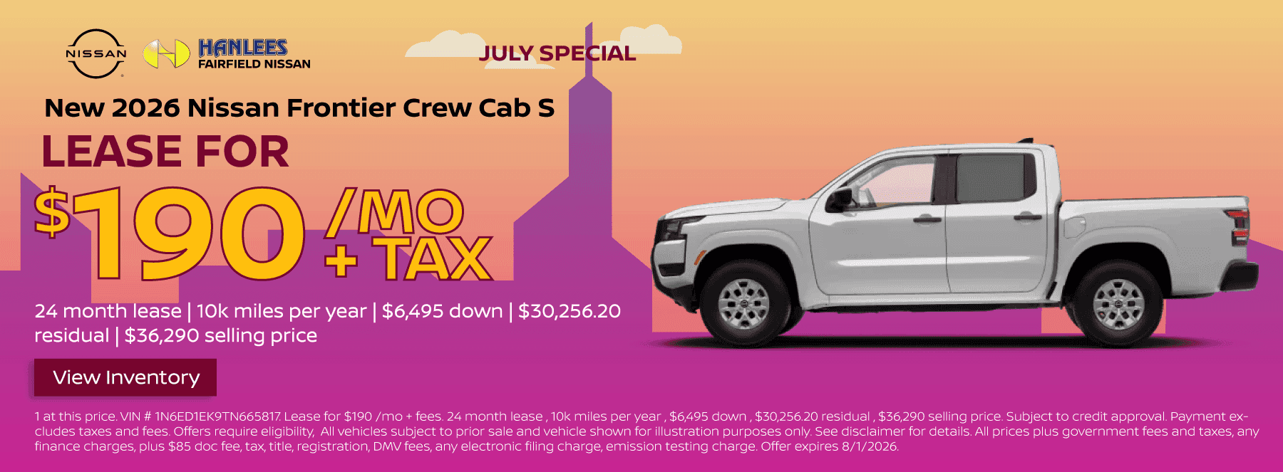 New 2026 Nissan Frontier Crew Cab S Lease Special