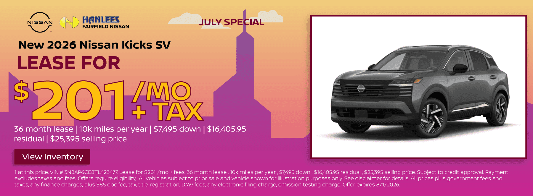 New 2026 Nissan Kicks SV Lease Special
