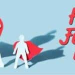 Father and Son Figures with Red Capes on Blue Background and Red Happy Father's Day Text
