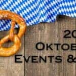 Wood Background with Blue and White Oktoberfest Fabric, Pretzels and Black 2023 Oktoberfest Events and Festivals Text