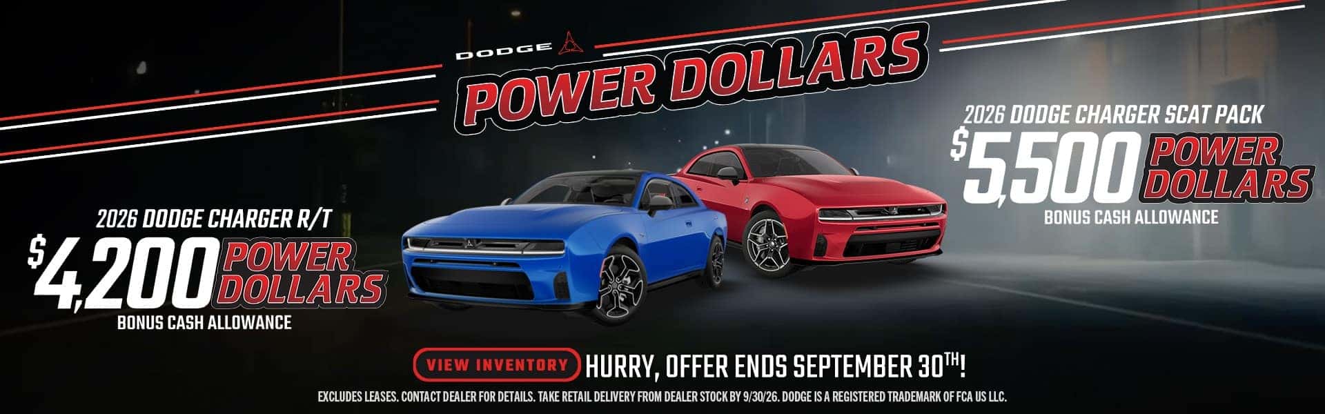 2026 Dodge Charger R/T with $4,200 and Charger Scat Pack with $5,500 in Dodge Power Dollars at Twin Lakes CDJR