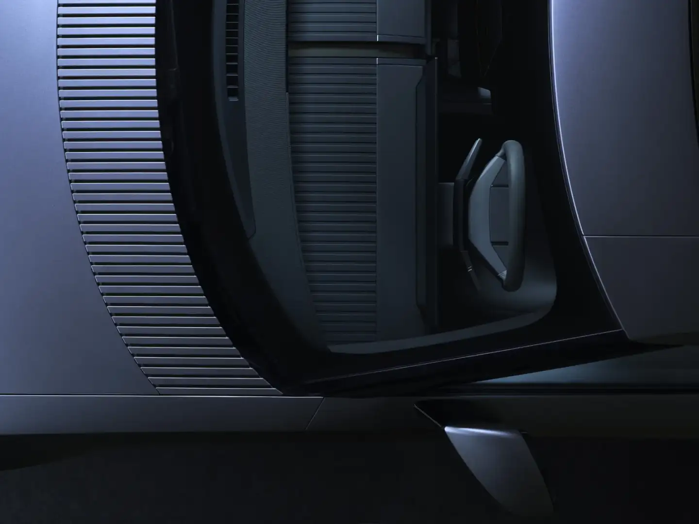 Jaguar Type 01 with the door open, showing ribbed interior trim and steering yoke