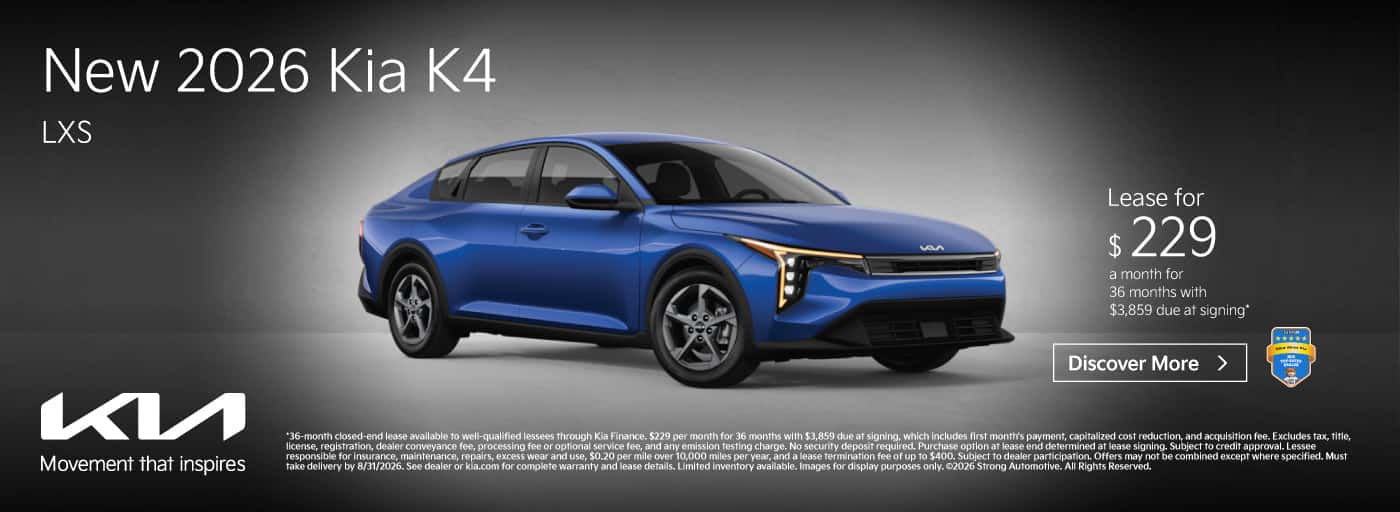 NEW 2026 KIA K4 LXS LEASE $229 / 36 MO* $3,859 DUE AT SIGNING