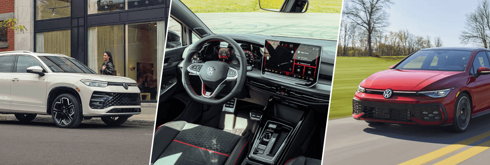 White VW SUV parked on a city street, red-accented GTI interior with touchscreen, and red Golf GTI on a highway