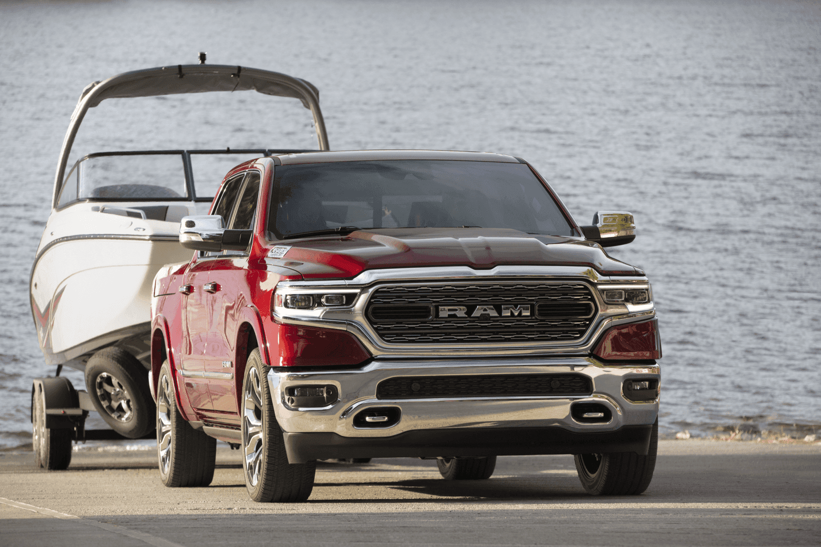 2021 Ram 1500 Red Towing Boat