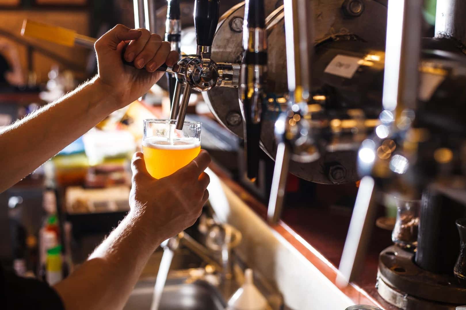 Bartender pouring beer at brewery