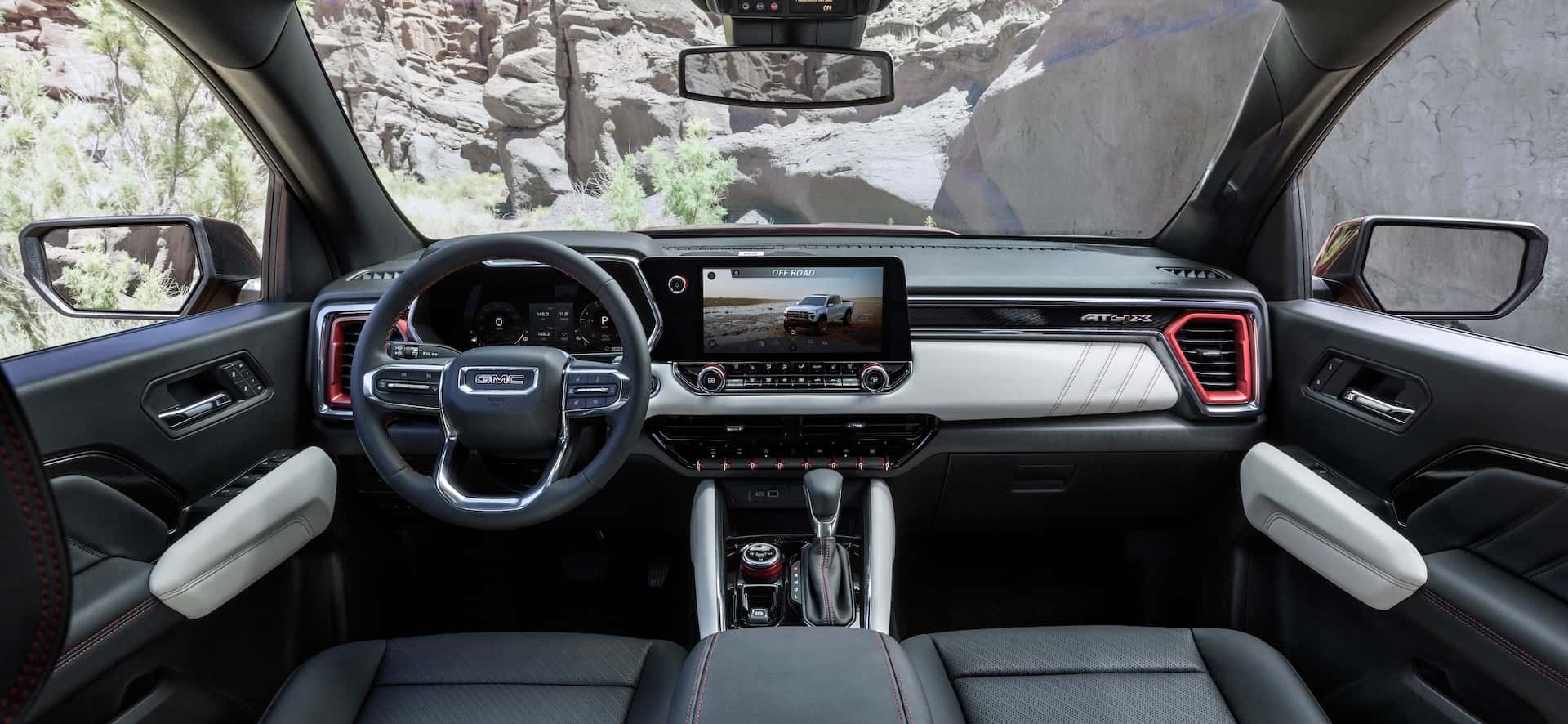 View of GMC Canyon AT4X with Edition 1 package interior with pitch and roll screen featured.