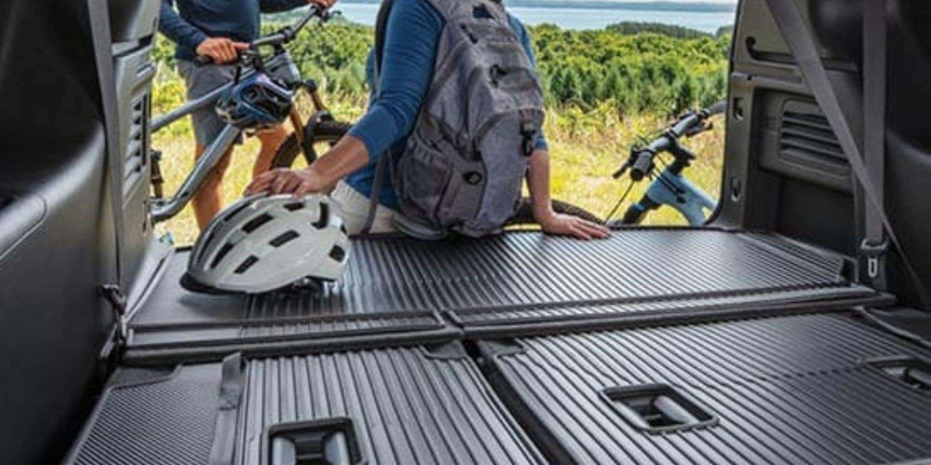 Integrated floor mats protect your trunk and cargo area from mud and trail dust after cycling. Great gift idea from Valley GMC in Auburn Wa.