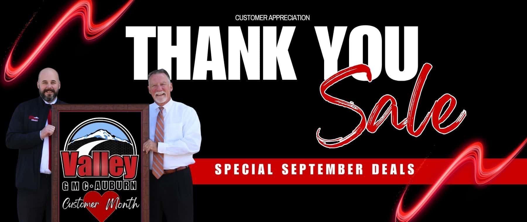 Customer Appreciation Sales Event at Valley GMC with limited-time offers on new GMC Sierra, Yukon, Terrain, and Acadia models.