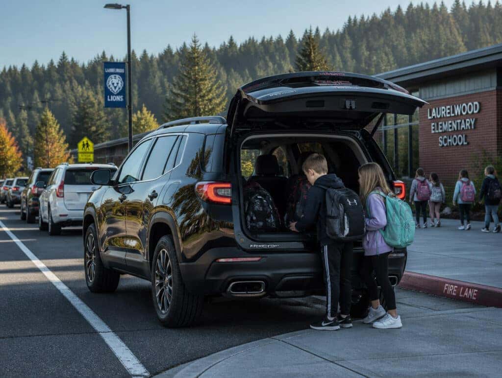 2026 GMC Acadia at a school carpool line in Auburn WA on a clear September morning