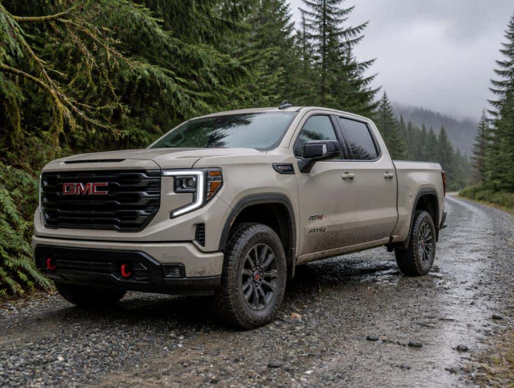 2026 GMC Sierra AT4 on a wet gravel forest road in Western Washington surrounded by evergreen trees