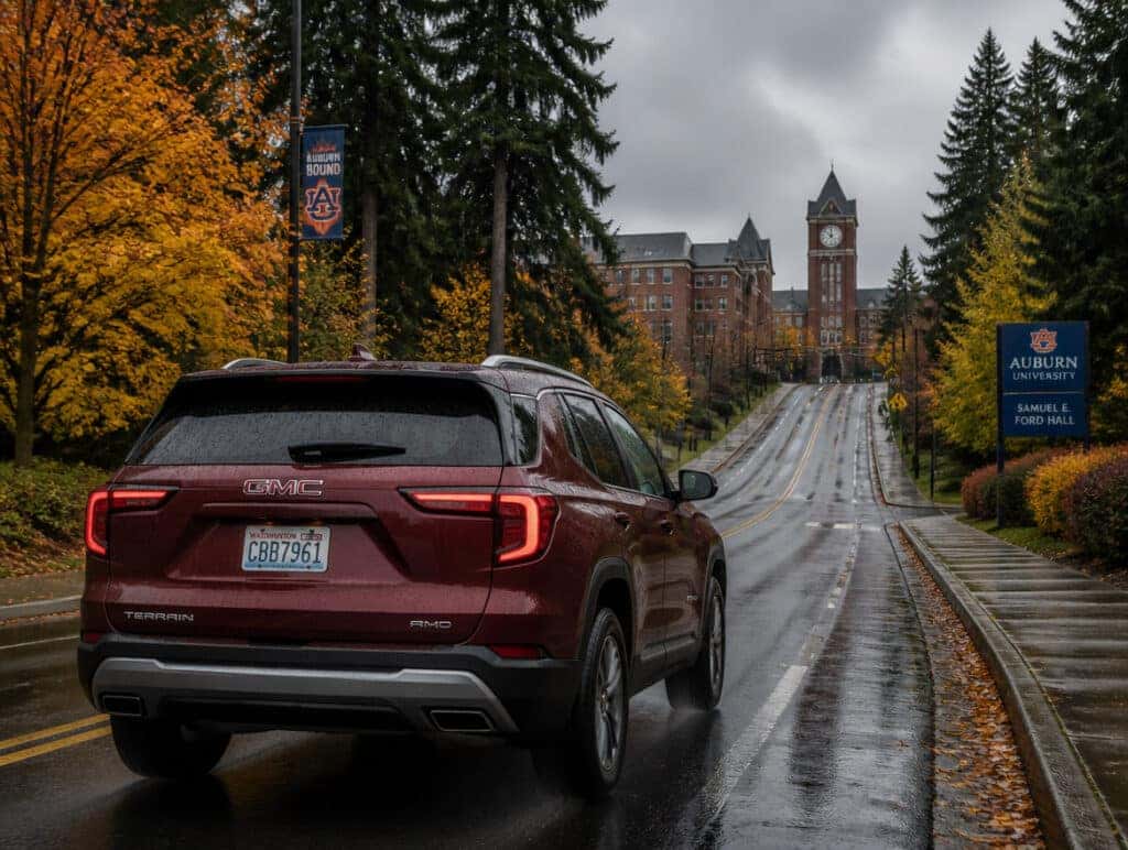 2026 GMC Terrain driving toward Green River College on Lea Hill in Auburn, WA