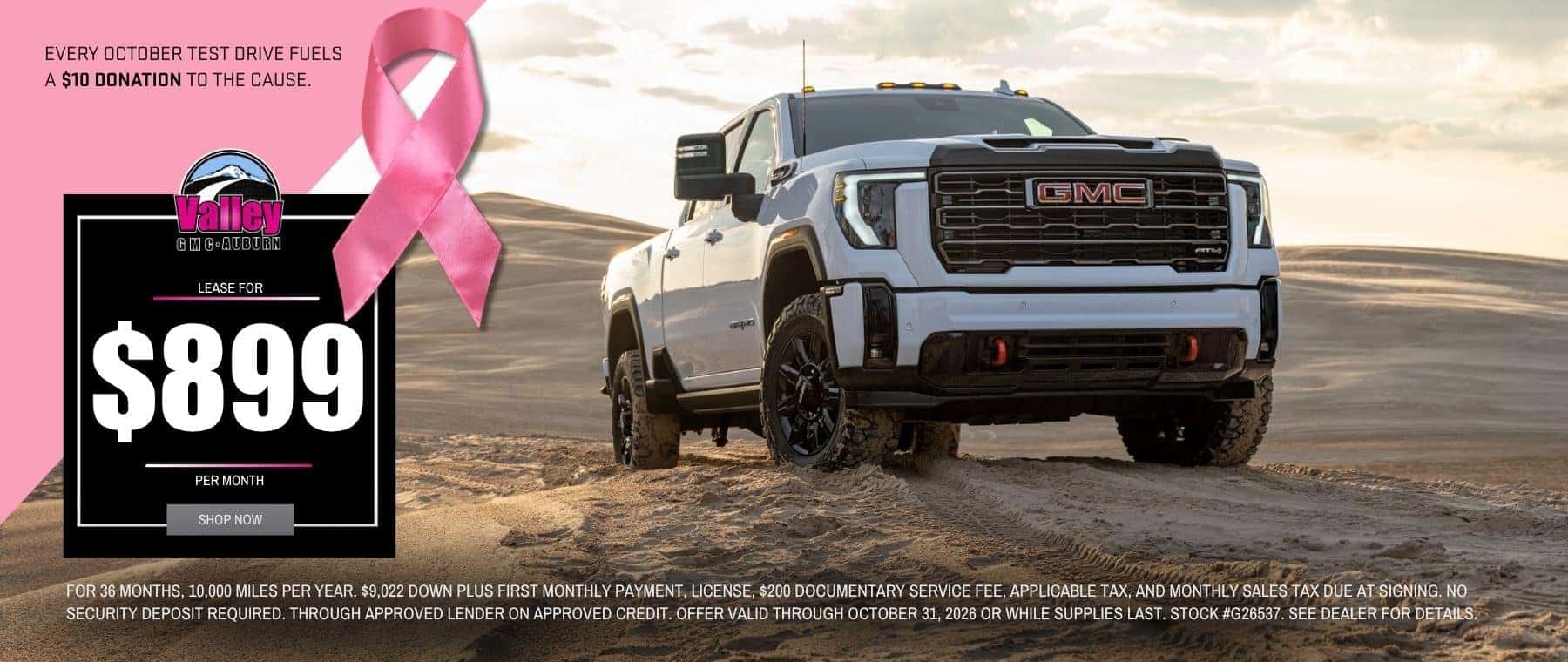 Valley GMC October New Truck Sales Event in Auburn, WA, featuring low monthly lease payment specials and limited-time offers on new GMC Sierra 1500 and HD trucks.