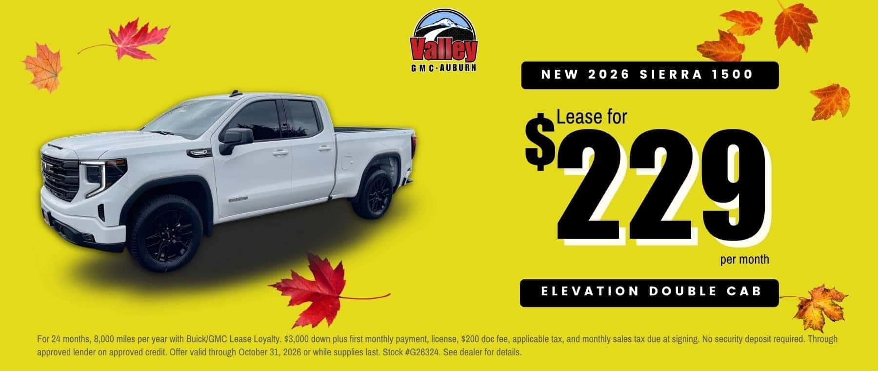 Valley GMC October New Truck Sales Event in Auburn, WA, featuring low monthly lease payment specials and limited-time offers on new GMC Sierra 1500 and HD trucks.