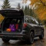 2026 GMC Acadia with liftgate open at a fall festival, Halloween costumes and candy buckets in the cargo area, evergreen and maple trees in a wet Pacific Northwest park setting