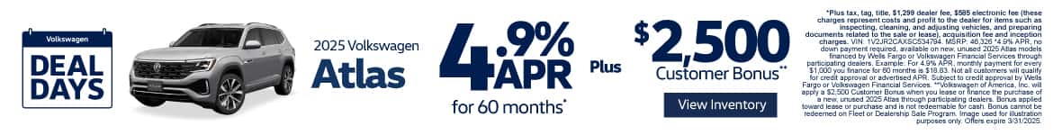 2025 Atlas 4.9% APR for 60 Months* PLUS $2,500 Customer Bonus**