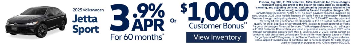 2025 Volkswagen Jetta Sport 3.9% APR for 60 Months* or $1,000 Customer Bonus**