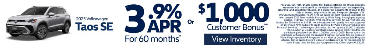 2025 Volkswagen Taos SE 3.9% APR for 60 Months* or $1,000 Customer Bonus**
