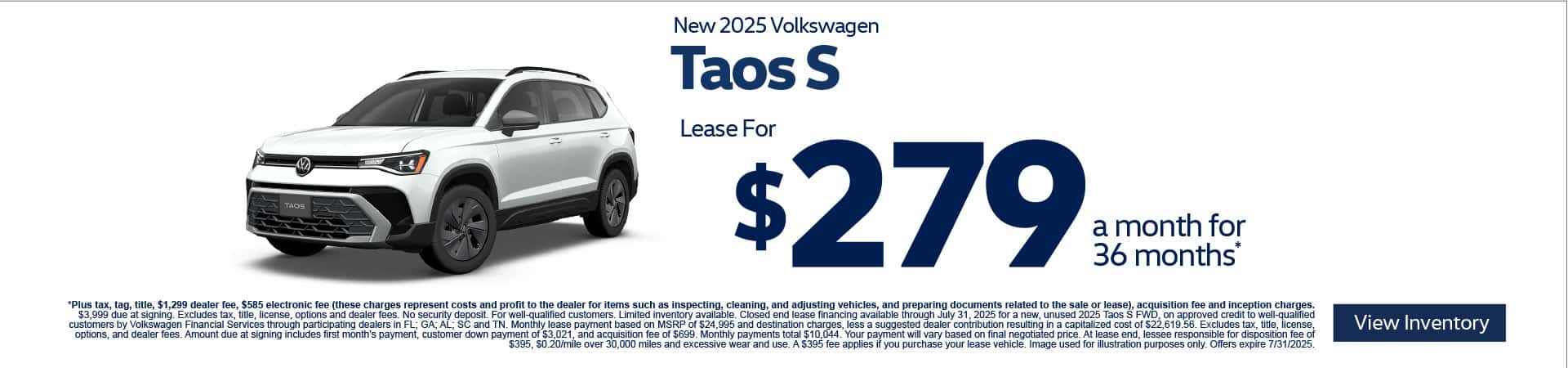 2025 Volkswagen Taos S $279 for 36 Months*